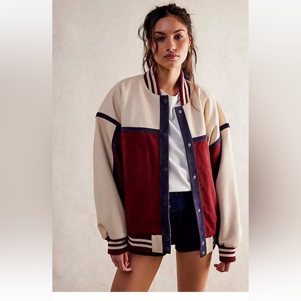 Free People We The Free Stevie Varsity Bomber Jacket Leather & Suede